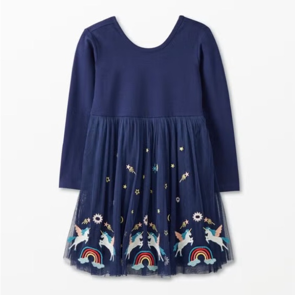 Hanna Andersson Embroidered Tulle Dress Unicorns Rainbows Navy Blue 110 5T